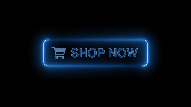  Neon glowing Shop now button animation on transparent background. Shop now button click  animation. button with icon animation concept. Shop now Glowing neon text animation
