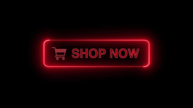  Neon glowing Shop now button animation on transparent background. Shop now button click  animation. button with icon animation concept. Shop now Glowing neon text animation
