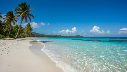 Fototapeta premium Idyllic tropical beach scene with palm trees, white sand, and crystal-clear turquoise water under a vibrant blue sky.