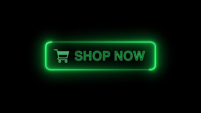  Neon glowing Shop now button animation on transparent background. Shop now button click  animation. button with icon animation concept. Shop now Glowing neon text animation
