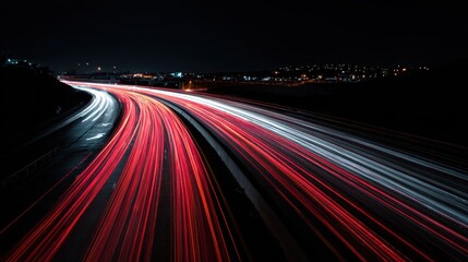 Red and white light trails on a highway, dark background with city lights in distance