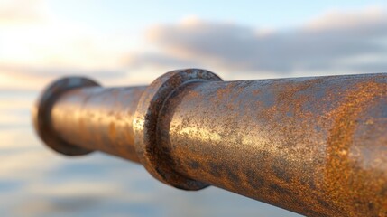 Rusty Metal Pipe Against a Scenic Background of Calm Water
