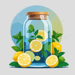 Lemonade jar with lemon slices and mint leaves on vibrant background  