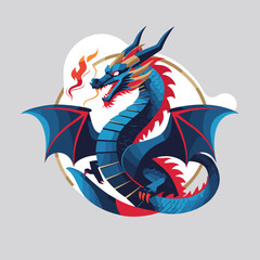 Colorful dragon illustration with blue scales and fiery breath  