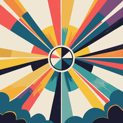 Colorful abstract rays radiating from a central geometric circle  