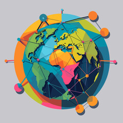Colorful geometric globe with network connections on grey background  