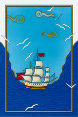 Decorative miniature-style sailing ship illustration with sea and birds. Colorful hand-drawn illustration in miniature art style, featuring a traditional sailing ship framed by a golden border.
