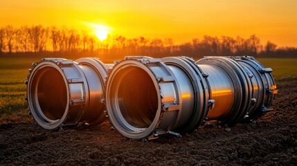 Obraz premium Metal Tubes Lying on Ground During Sunset in Open Landscape