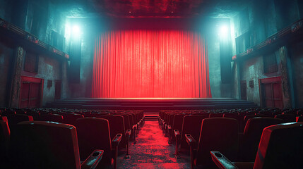 Presenting a dimly lit empty movie theater and stage, with red curtains drawn, observed from the rear over rows of unoccupied seats