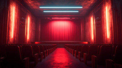 Presenting a dimly lit empty movie theater and stage, with red curtains drawn, observed from the rear over rows of unoccupied seats