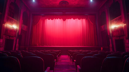 Presenting a dimly lit empty movie theater and stage, with red curtains drawn, observed from the rear over rows of unoccupied seats