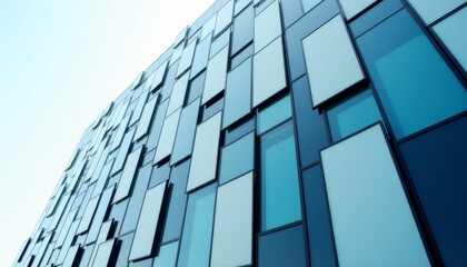 Architectural Mosaic Modern Building Facade with a Dynamic Arrangement of Blue and Silver Rectangular Panels Under a Bright Sky