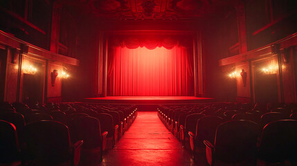 Presenting a dimly lit empty movie theater and stage, with red curtains drawn, observed from the rear over rows of unoccupied seats