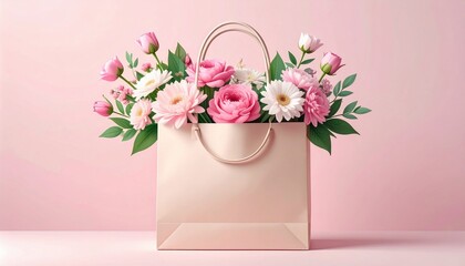 Pink Delight: A Bouquet of Spring Flowers in a Chic Shopping Bag