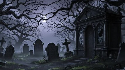 A nighttime cemetery features tombstones and mausoleum under a full moon set against a backdrop of gnarled leafless trees - Powered by Adobe
