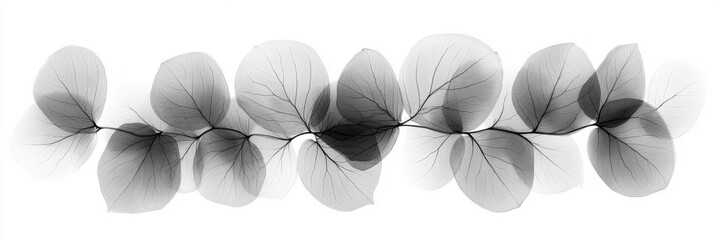 Horizontal line of soft black and gray translucent leaves balances abstract design and organic forms with elegance.