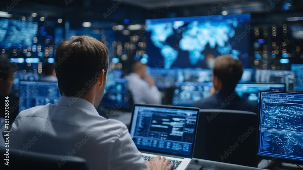 Poster employees in a high-tech corporate environment attentively engage in a live cybersecurity software d