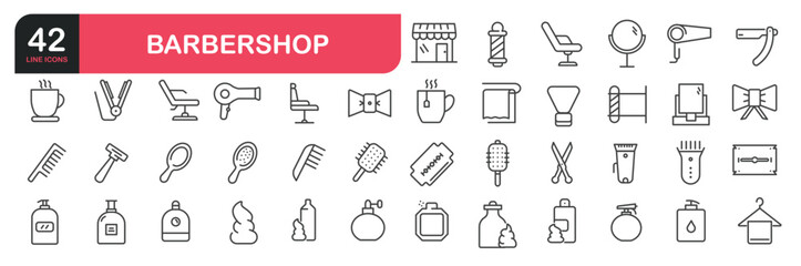 Set of line icons related to barbershop, mirror, razor, hair mass, hairdryer. Outline icons collection. Editable stroke. Vector illustration.