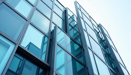 Obraz premium Architectural Mosaic Modern Building Facade with a Dynamic Arrangement of Blue and Silver Rectangular Panels Under a Bright Sky