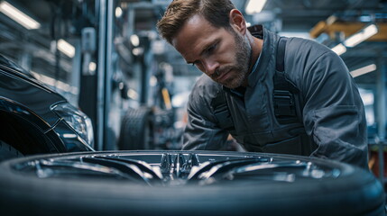 Man mechanic inspecting a car part at an automotive factory. Industrial plant with engineer maintaining car components for repair.