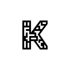 Minimalist maze-style letter "K" created with thick black lines and geometric structure, symbolizing logic, complexity, and digital aesthetics.
