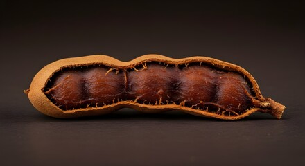 Halved Tamarind Pod with Sticky Pulp on Dark Brown Background: Rich Texture and Earthy Tones Highlight the Exotic, Tangy Fruit in a Modern, Artistic Food Photography Still Life