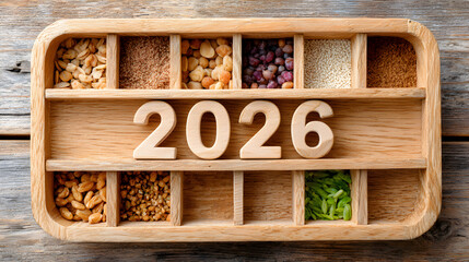 Wooden tray filled with various spices and grains, featuring the year 2026 prominently displayed in the center, symbolizing culinary creativity and future trends. Selective focus