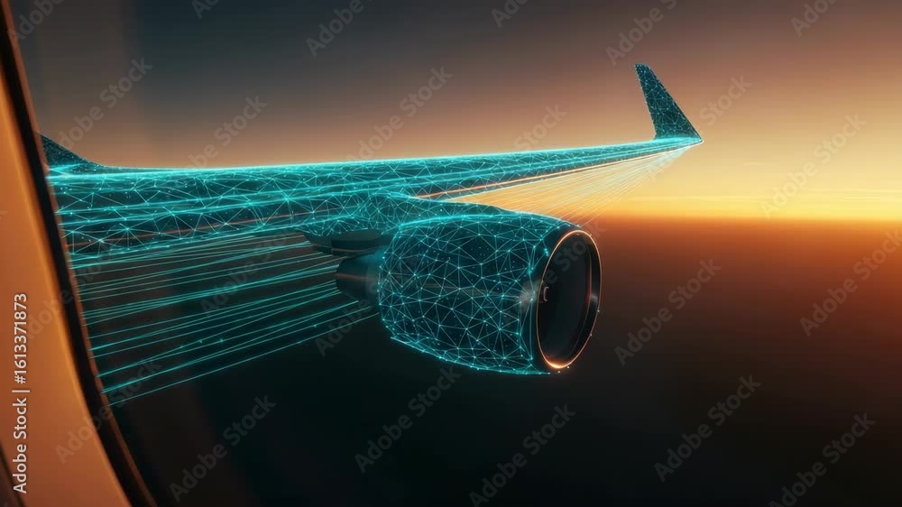 Aufkleber a futuristic view from an airplane window showcasing a high-tech wing design with a glowing engine s