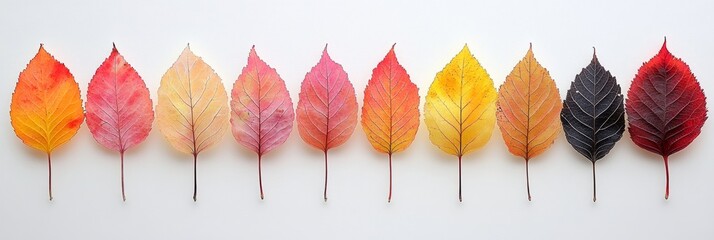 Abstract set of pastel pink, orange, blue, and purple leaves, arranged playfully in a straight line on white.
