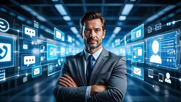 Hands holding tablet displaying customer service dashboard with icons