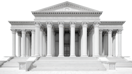 3D bank building with columns and steps, isolated on a Transparent background, PNG file.