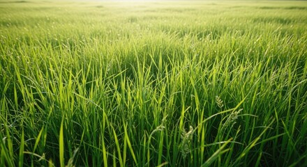 Lush vibrant green grass field bathed in soft golden sunlight, evoking nature's tranquility and growth
