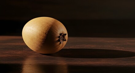 Ripe Sapodilla with Brown Skin Resting on Dark Wooden Surface: Soft Shadows and Rich Texture Highlight the Natural Warmth and Earthy Beauty of This Exotic Fruit in Artistic Food Photography