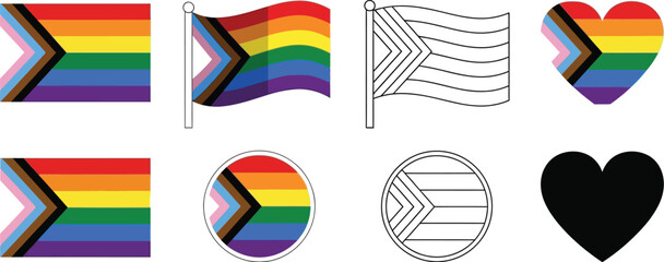 Vector pride flags set lgbtq+ inclusion rainbow flag heart circle equality love support 2024