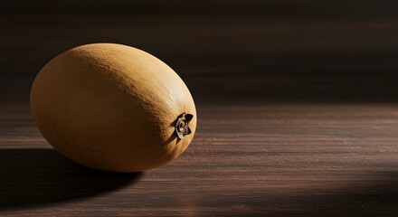 Ripe Sapodilla with Brown Skin Resting on Dark Wooden Surface: Soft Shadows and Rich Texture Highlight the Natural Warmth and Earthy Beauty of This Exotic Fruit in Artistic Food Photography