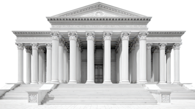 3D bank building with columns and steps, isolated on a Transparent background, PNG file.