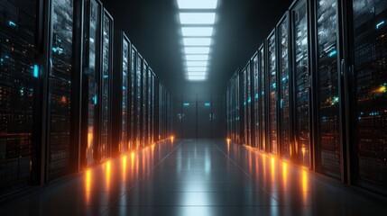 Dark server room lit by orange lights