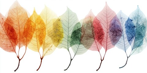 Watercolor-style cluster of leaves transitions from orange to green and blue, invoking freshness and lively composition.