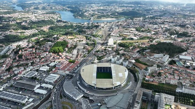 Porto City and Dragao Arena, home stadium of FC Porto, Portugal. Estadio do Dragao. Drone