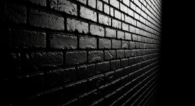 Dramatic black brick wall texture vanishing into darkness creates a moody, urban backdrop perfect for edgy designs or mysterious themes. - Powered by Adobe