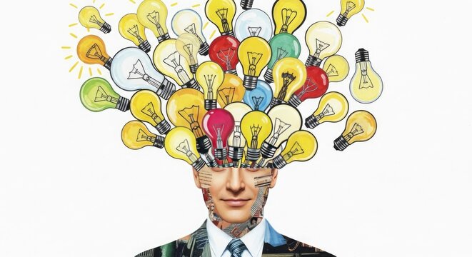 Bursting with ideas man with colorful light bulbs exploding from his head symbolizing innovation and creativity