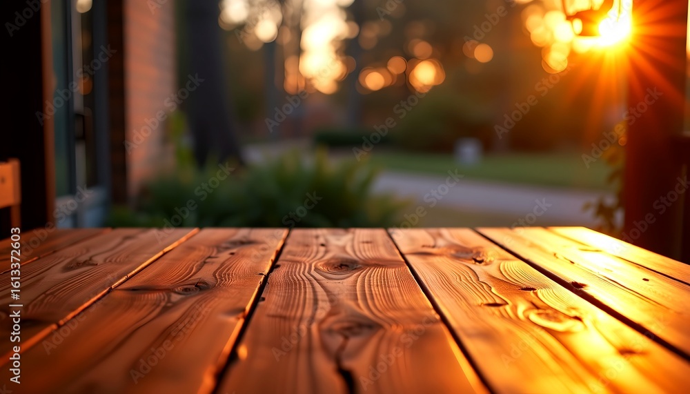 Poster a rustic wooden table is illuminated by the warm glow of the morning sun, creating a scene of tranqu