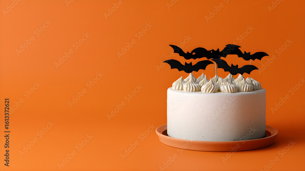 Poster minimalist halloween cake mockup with white frosting and bat toppers on an orange background with em
