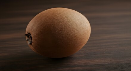 Ripe Sapodilla with Brown Skin Resting on Dark Wooden Surface: Soft Shadows and Rich Texture Highlight the Natural Warmth and Earthy Beauty of This Exotic Fruit in Artistic Food Photography
