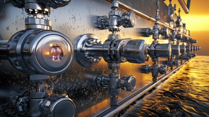 Fototapeta premium Metallic Pipe System with Reflective Surface and Sunset Lighting