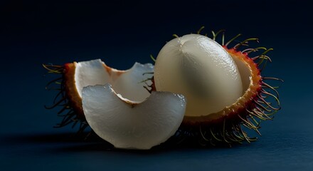 Sliced Rambutan with White Flesh on Deep Navy Blue Background: Moody Still Life Showcasing Exotic Fruit’s Unique Texture, Vibrant Colors, and Artistic Presentation in Modern Food Photography