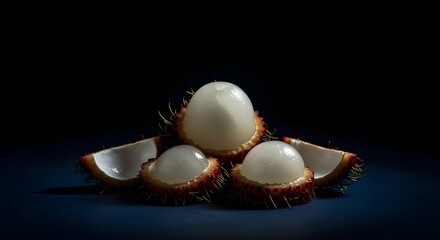 Sliced Rambutan with White Flesh on Deep Navy Blue Background: Moody Still Life Showcasing Exotic Fruit’s Unique Texture, Vibrant Colors, and Artistic Presentation in Modern Food Photography