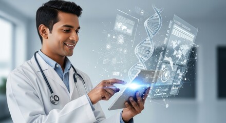 Confident doctor analyzing DNA helix and medical data on tablet with futuristic holographic interface, symbolizing healthcare innovation and scientific progress