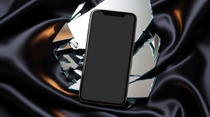 A phone screen mock-up with a sleek, high-gloss finish is placed on a broken mirror, its shards reflecting soft, warm light, over a luxurious black silk fabric with subtle sheen.