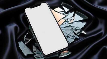 A blank phone screen mock-up with a sleek, high-gloss finish is placed on a broken mirror, its shards reflecting soft, warm light, over a luxurious black silk fabric with subtle sheen.